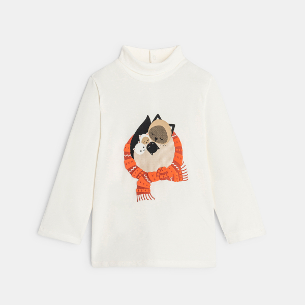 تيشيرت بياقة عالية برسمة قطط، أبيض، بناتي رُضع